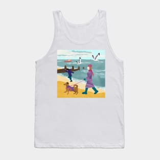 Paper cut collage of lady walking dog on Whitstable beach in the winter Tank Top